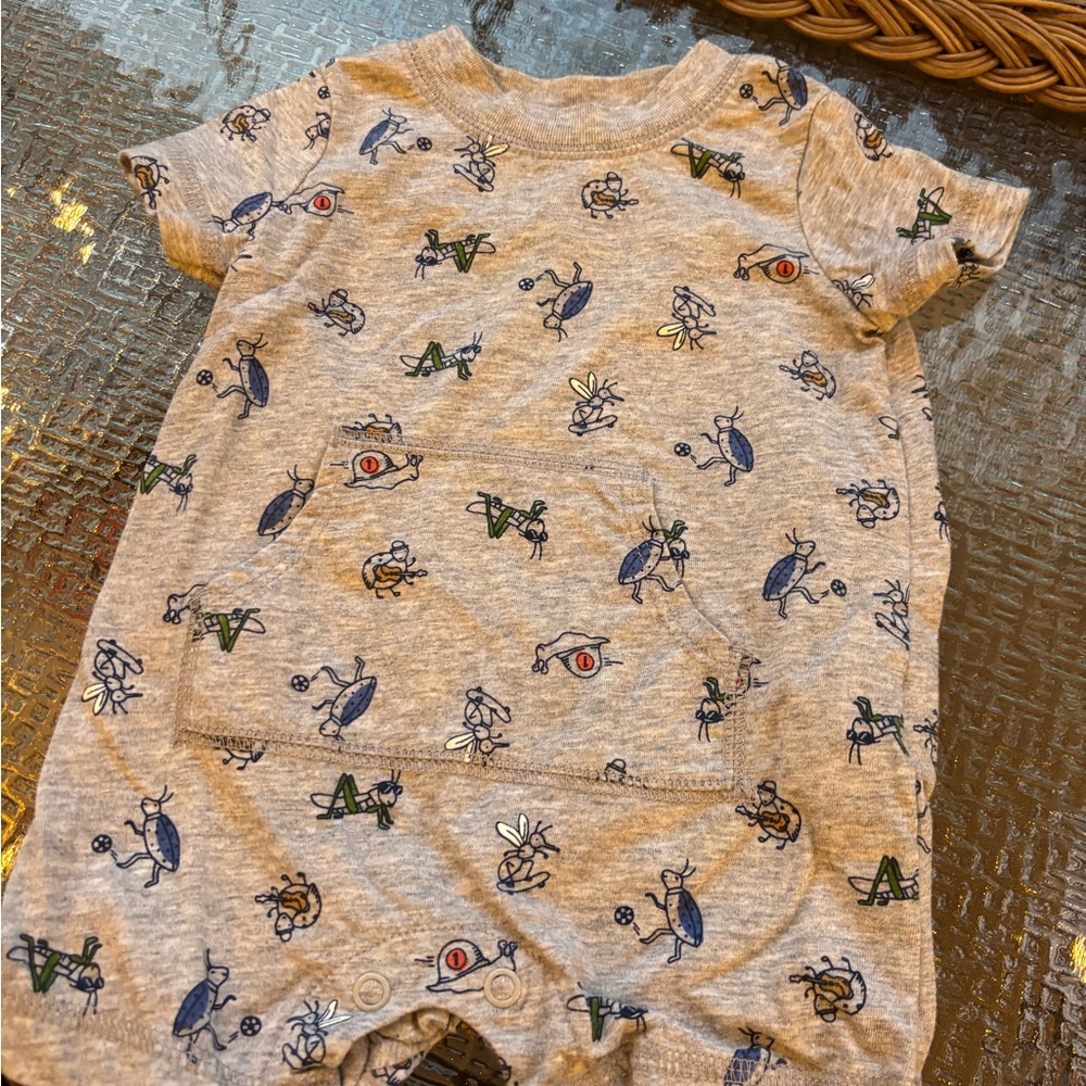 Carter's Gray Short Sleeve One-Piece with Blue, Green & Yellow Bug Print